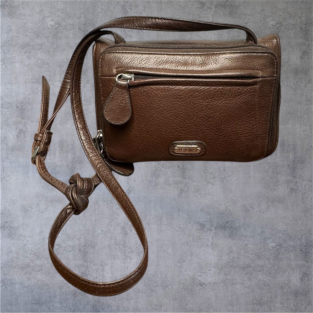 Perlina Crossbody Bag Women Small‎ Brown Pebbled Leather Organizer Purse